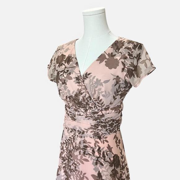 VTG Y2K Connected Apparel Peachy Pink & Brown Floral Chiffon Fairy Midi Dress 6 - Picture 4 of 7